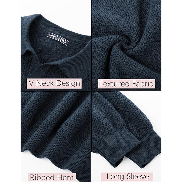 Navy Textured Polo Collar Long-Sleeve Knit Top